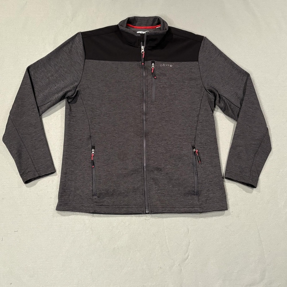 Orvis Jacket Mens Medium Gray Windbreaker Fleece Collared Full Zip Pockets Lined